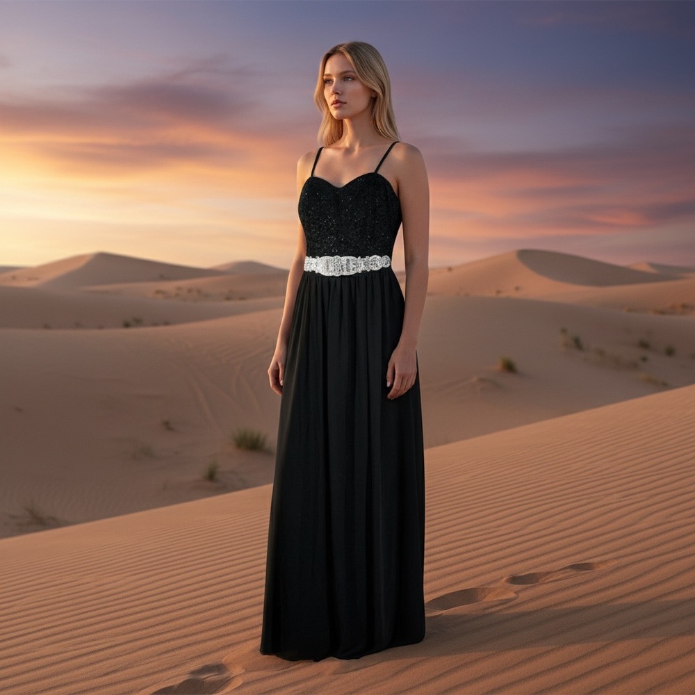 Jacaranda Black Maxi Dress Strap Ruched Rhinestone‎ Beaded Mesh Long L